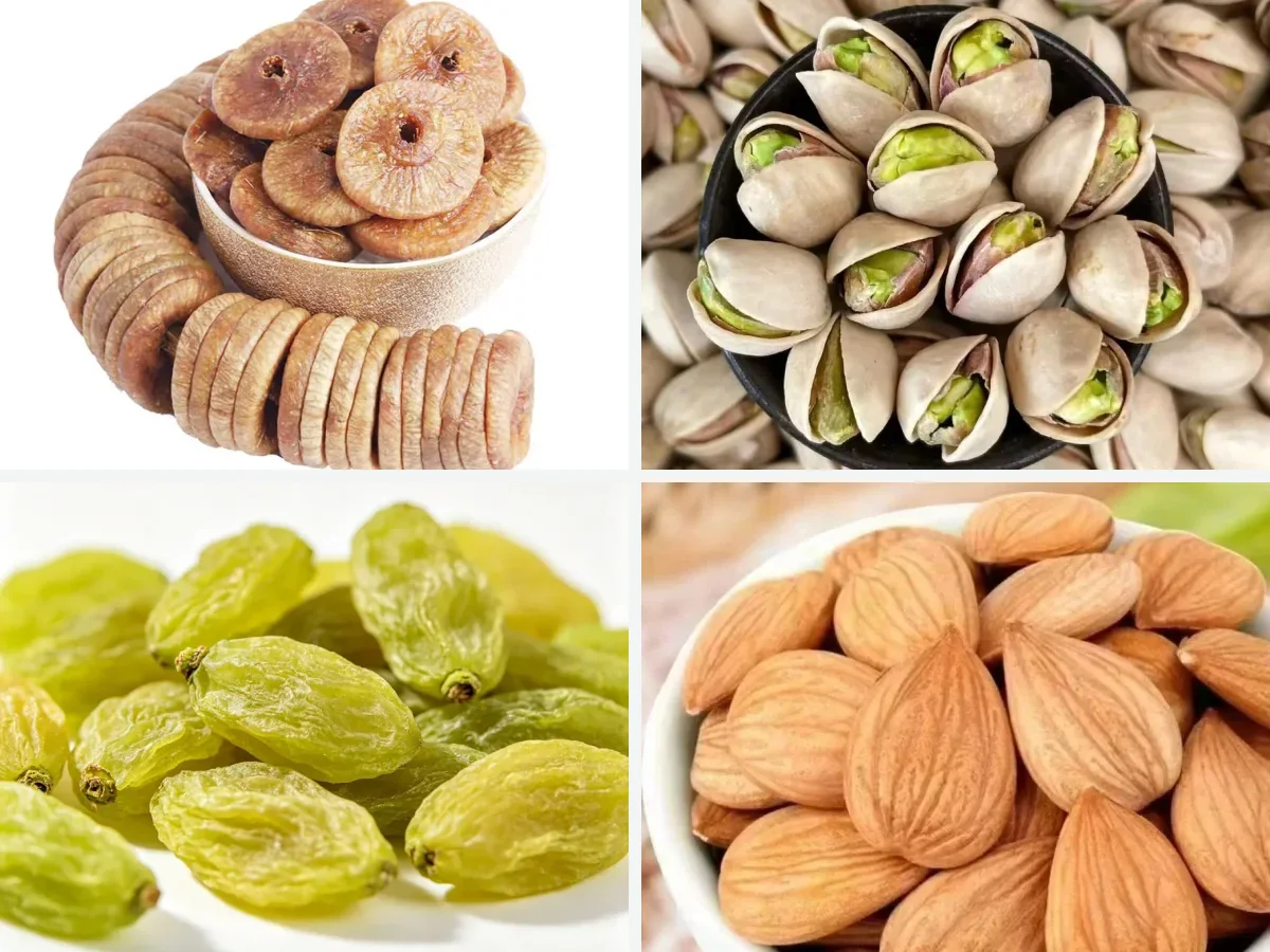 Client-supplied photographs of dried figs, pistachios, green raisins and almonds