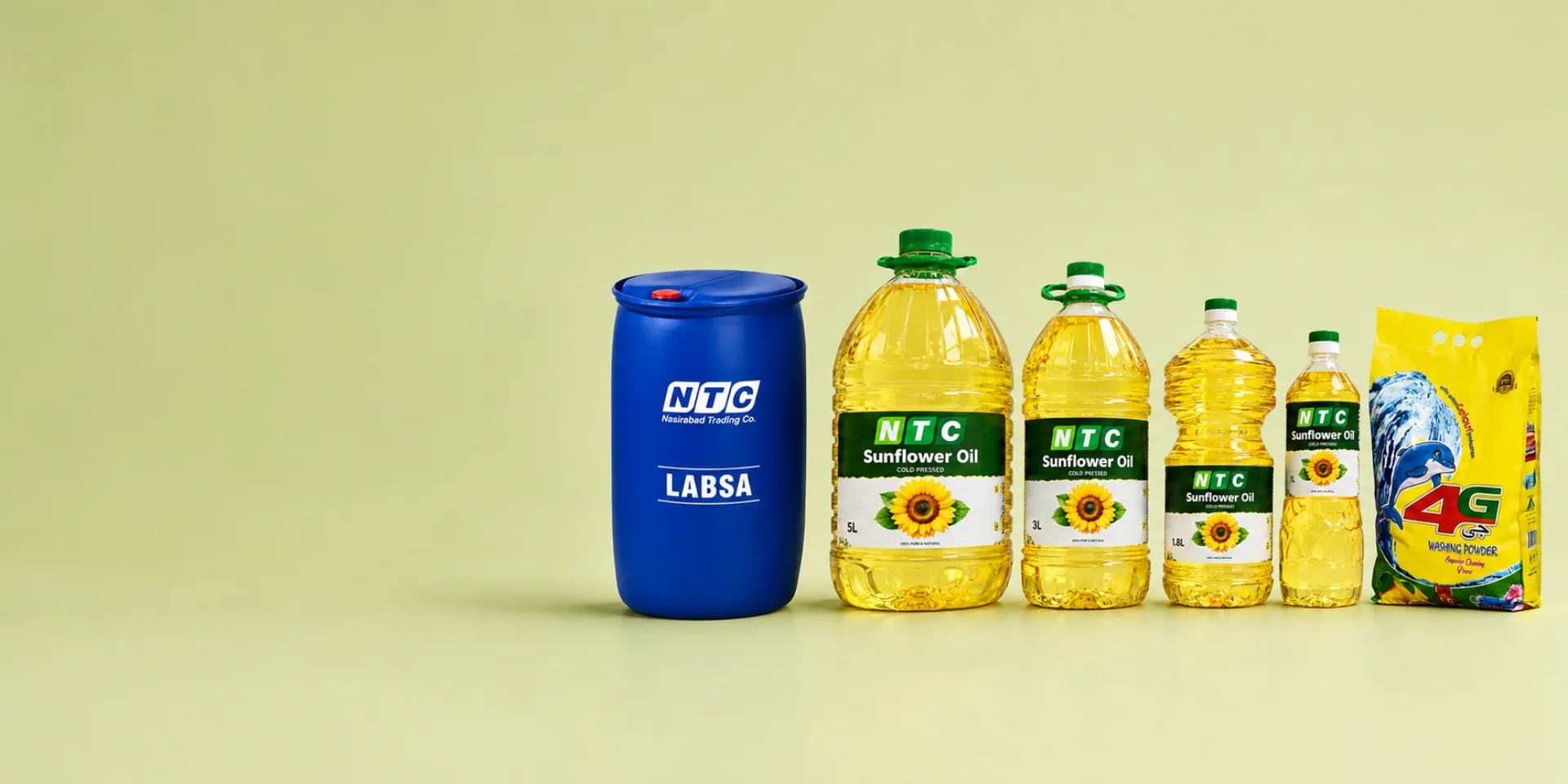 NTC LABSA drum, sunflower oil range and 4G washing powder arranged as one product lineup